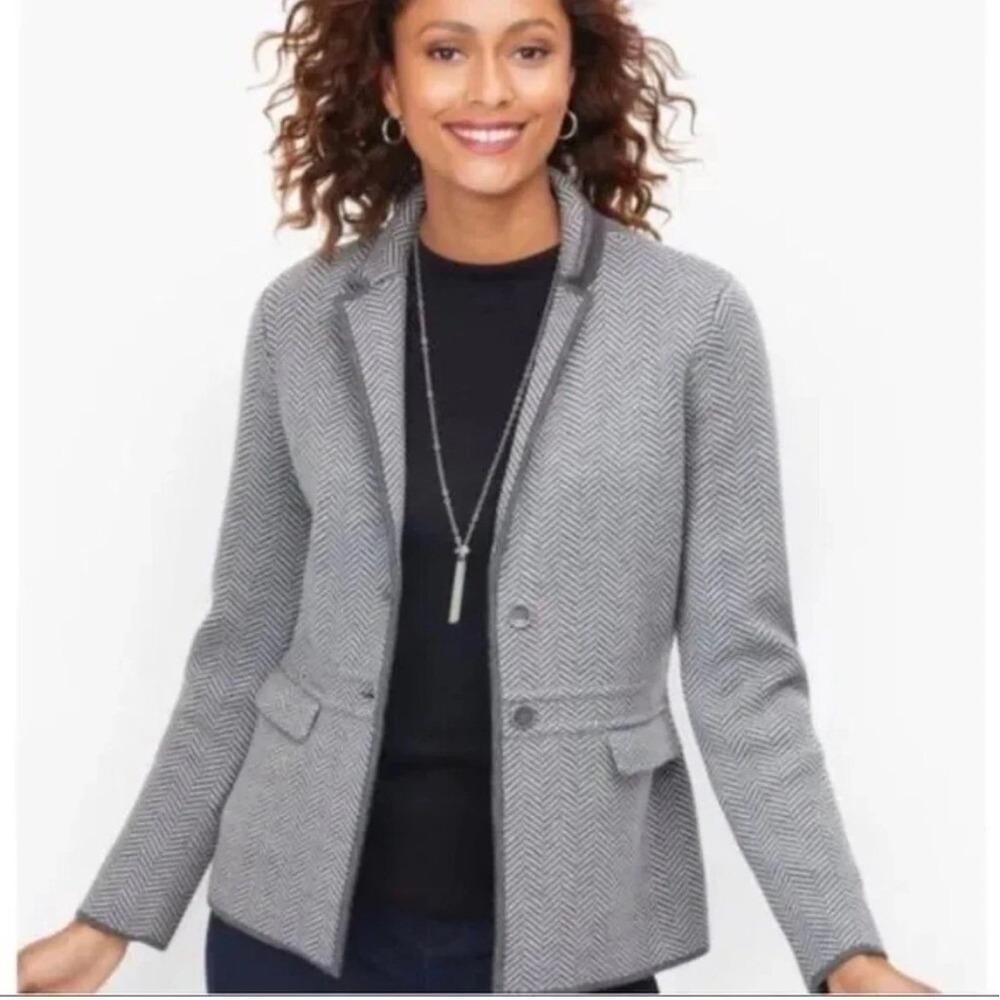 Talbots Gray Herringbone Pure Merino Wool Blazer Sweater 1X quiet luxury coastal